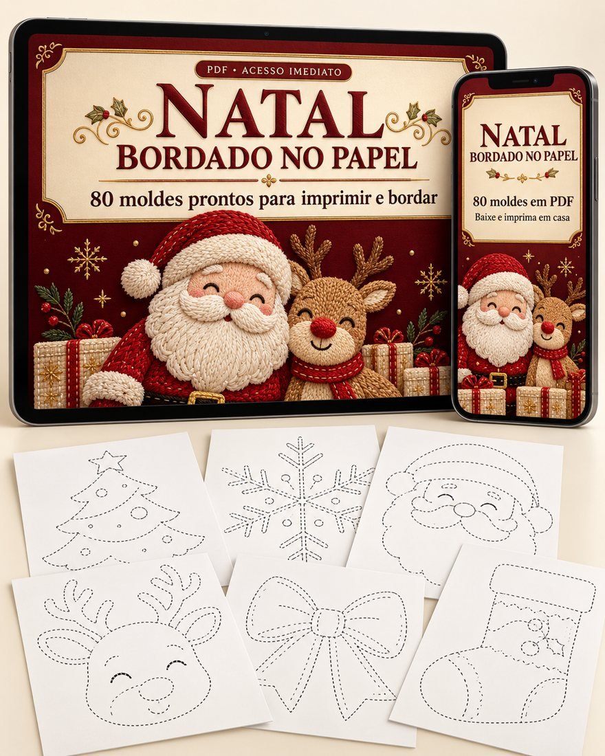 Tablet e celular mostrando a capa do PDF Natal Bordado no Papel, com moldes impressos ao fundo