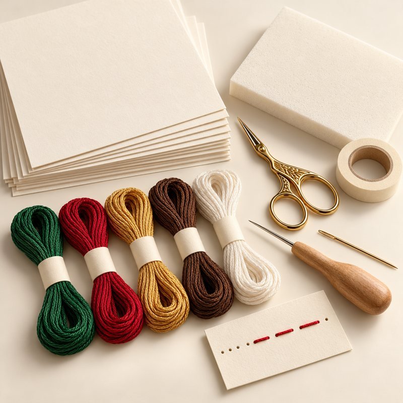 Papel, meadas de linha, espuma, fita, tesoura e agulha sobre uma mesa clara