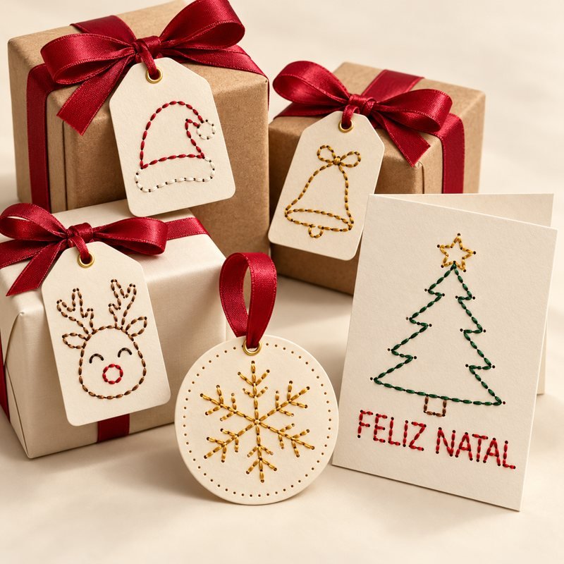Presentes de Natal embrulhados em papel kraft e laço vermelho, com tags bordadas